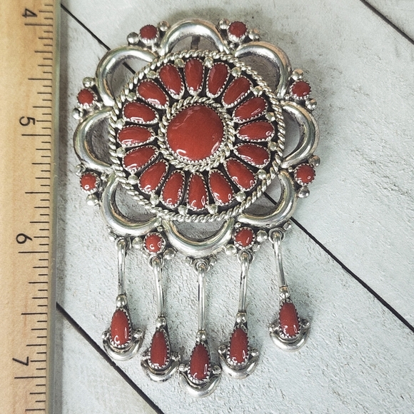 Lorraine Waatsa, Zuni Artist, Sterling and Mediterranean Coral Cluster Pendant - Picture 11 of 12